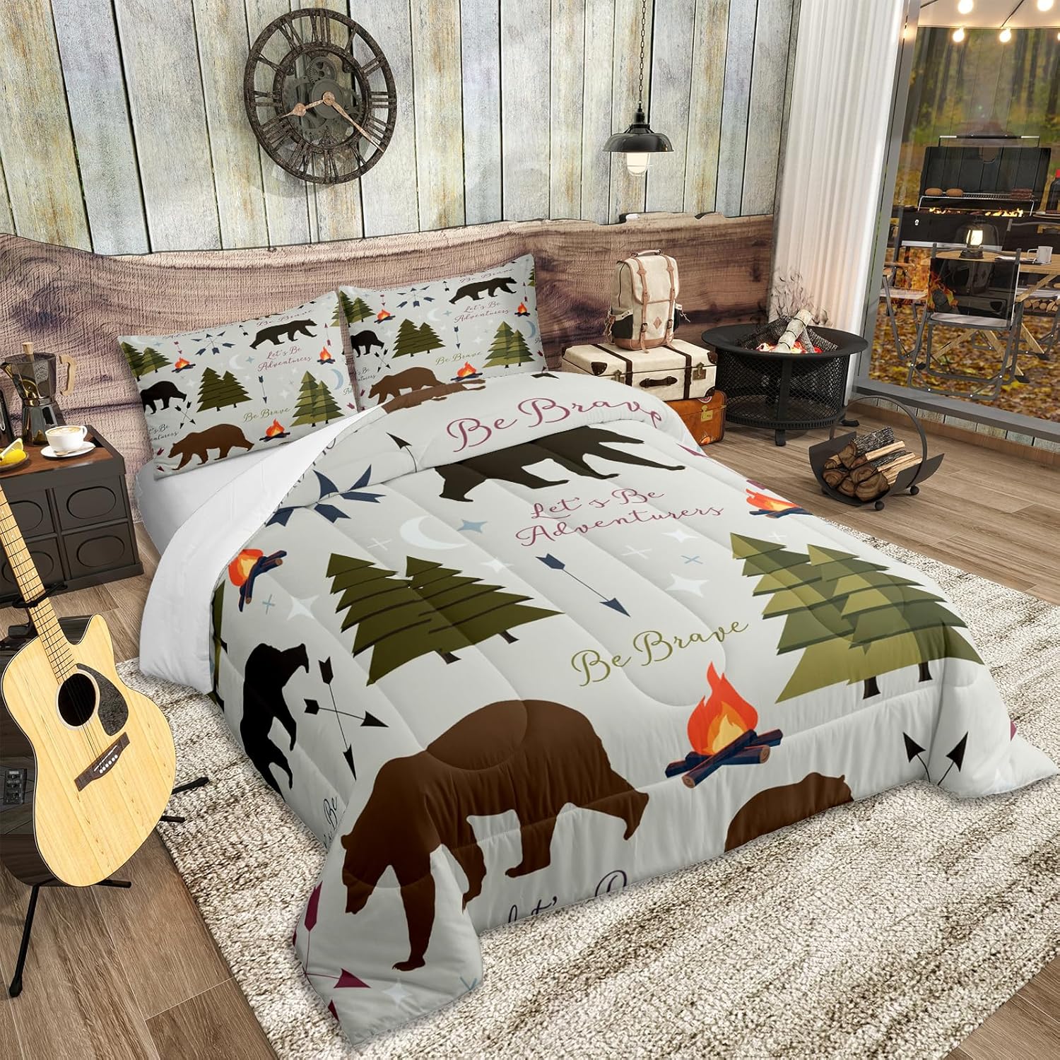 Happy Camping Comforter Set King Size Hunt Bear Pine Trees Bedding Set for Kids Boys Men Adults Cabin Room Decor Campfire Arrow Cartoon Quilt Set Wild Outdoor Adventure Duvet Insert 3pcs