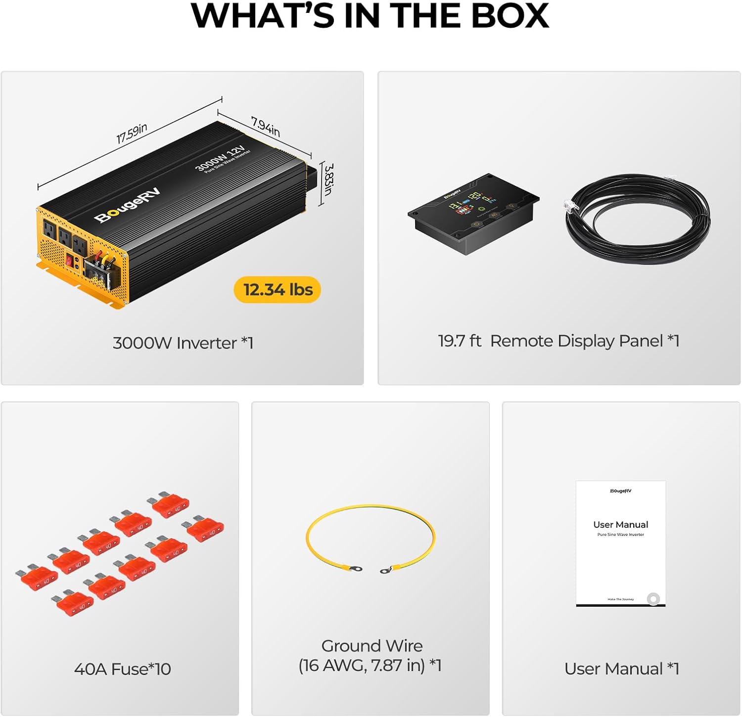 BougeRV 3000W Pure Sine Wave Inverter, Convert 12V DC to 120V/110V AC, Fully 3000W Output, Built-in BT for BougeRV APP, Wired Remote Controller, Off-Grid Solar System, RV, Home Backup Power