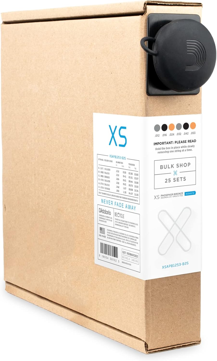 D'Addario Acoustic Guitar Strings, XS Phosphor Bronze Coated, XSAPB1253-B25, Light Gauge 12-53, 6-String Set, Pack of 25