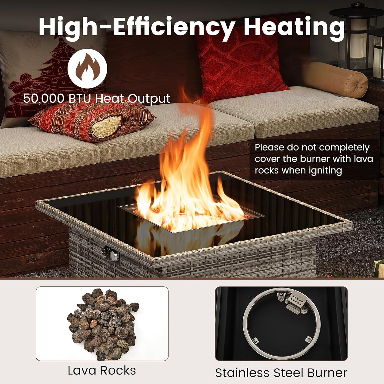 Tangkula 32.5 Inch Propane Fire Pit Table, Outdoor Rattan Gas Firepit with Tempered Glass Tabletop & Stainless Steel Burner, Square Fire Pit with Lava Rocks & Protective Cover for Outside Patio