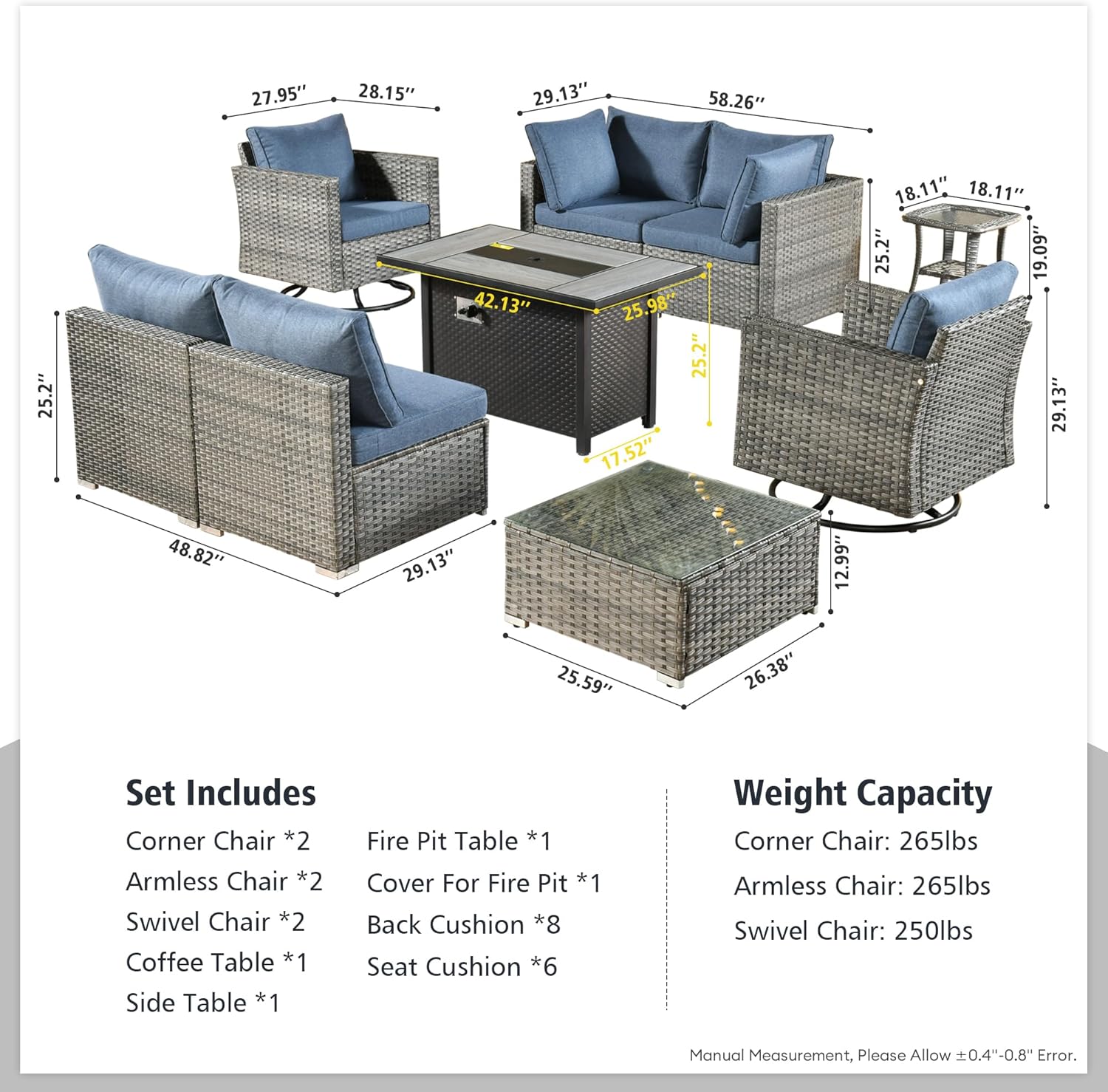 9 Piece Patio Furniture Set with 42