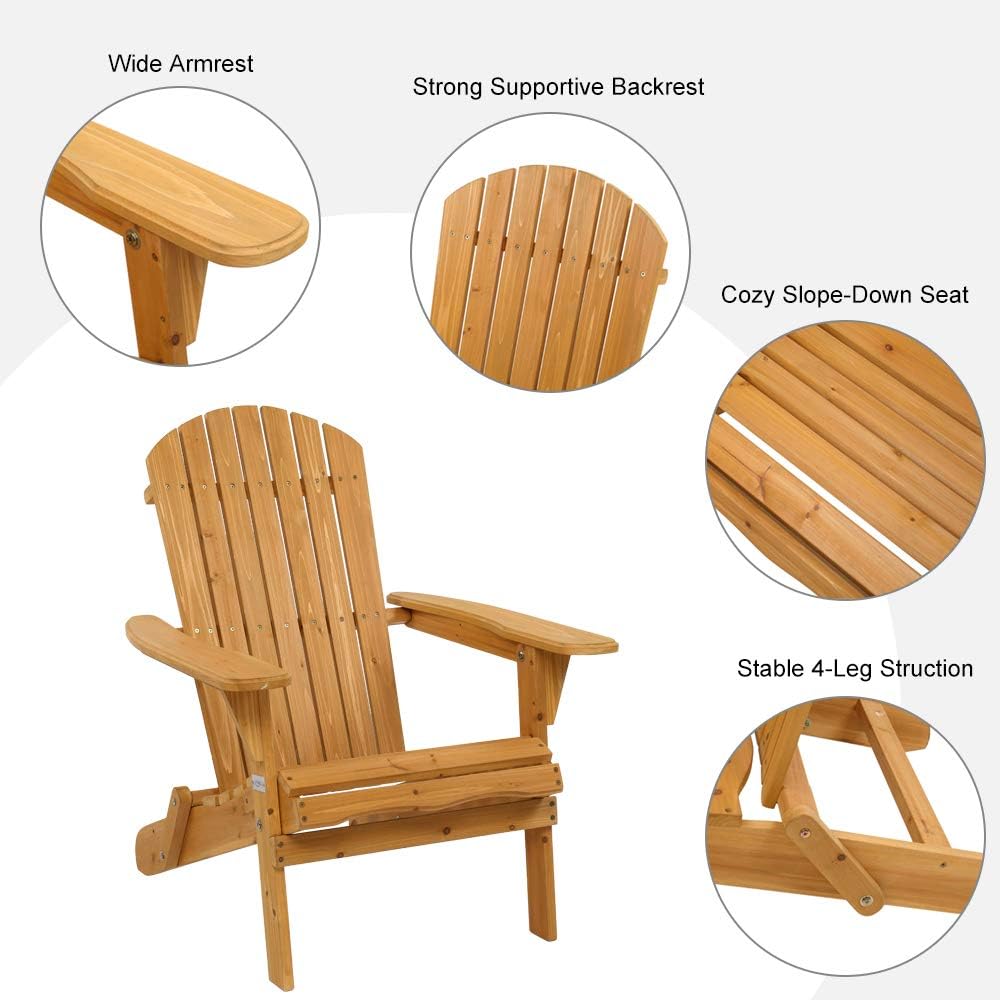 VINGLI Wooden Adirondack Chair 350 LBs Support Ergonomic Design, Folding Outdoor Patio Fire Pit Lounge Armchair Furniture w/Natural Finish, for Beach, Poolside, Balcony