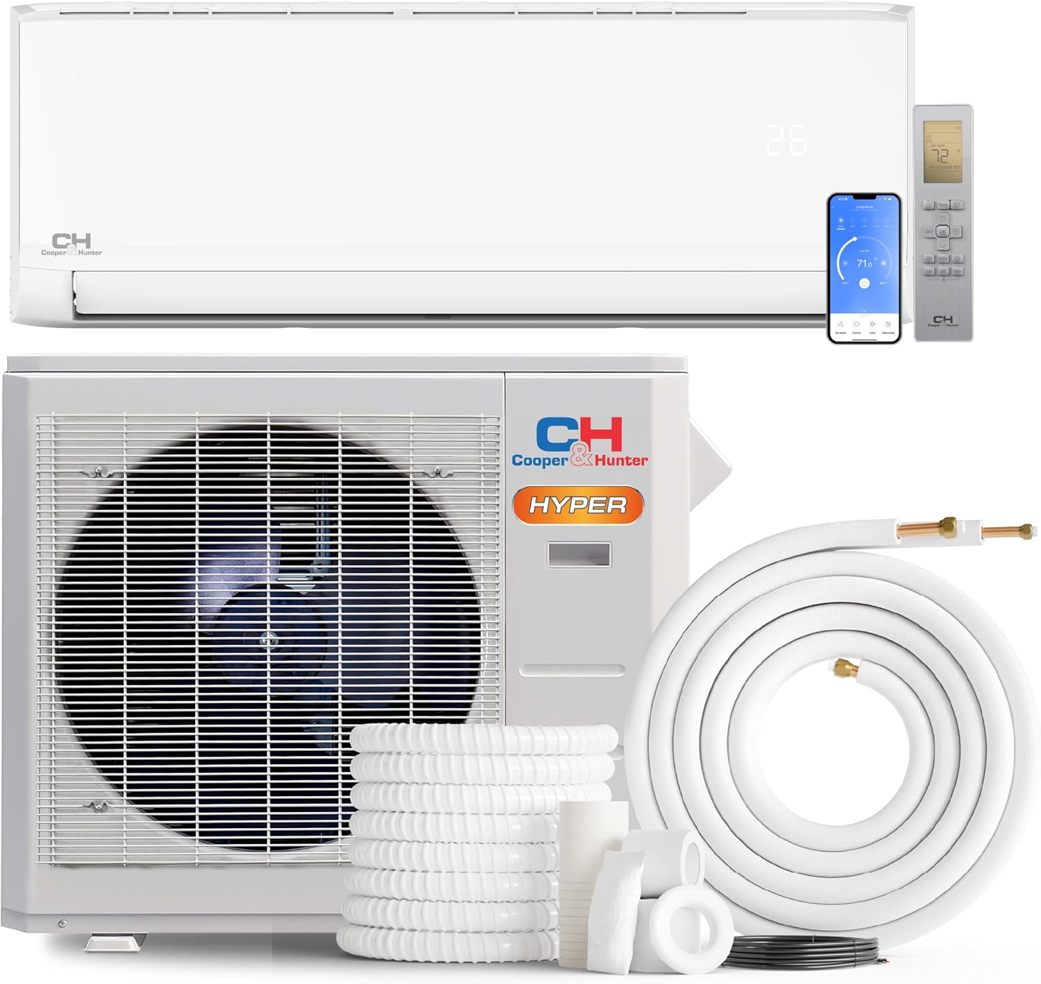 Cooper & Hunter Hyper Heat 12,000 BTU, 230V, 24 SEER2 Single Zone Wall Mount Ductless Mini Split Air Conditioner & Heater (Works at -22F) – 16FT Installation Kit & Smart Kit – Pre-Charged Inverter