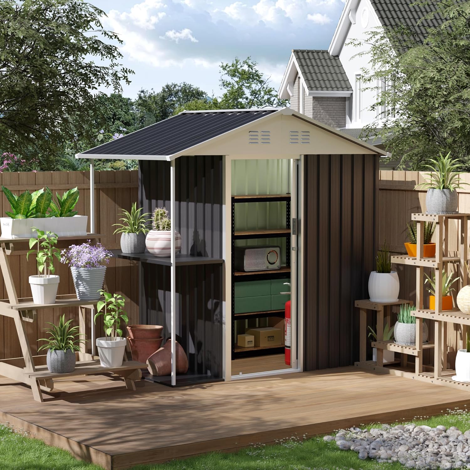 6 x 4 FT Outdoor Metal Storage Shed Garden Shed with Side Storage Rack Suitable for Garden Bike, Waterproof Shed,Tool Metal Storage Shed for Backyard, Patio