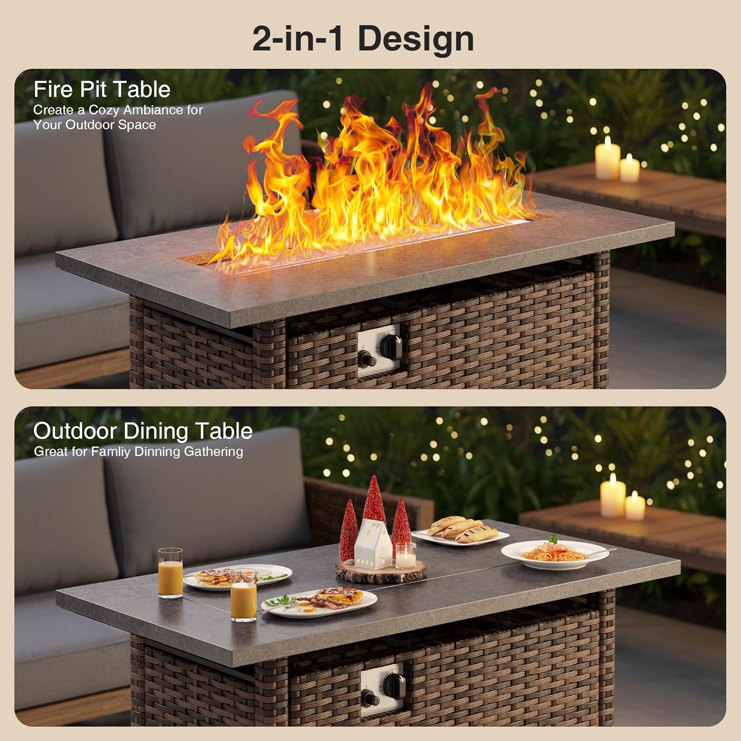 45'' Gas Fire Pit Table, Outdoor Gas Fire Pit with Hand-Woven PE Rattan, Glass Stones,Lid, 2 in 1 Fire Pit Table Gatherings Parties for Patio Deck Garden