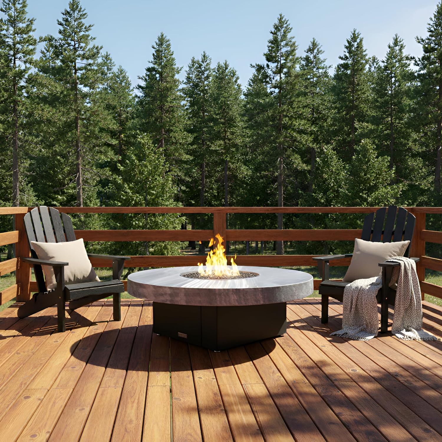 COOKE Parkway Circular Fire Pit Table - 48 Diam - Propane - Brushed Aluminum Top - Black Powdercoat Base