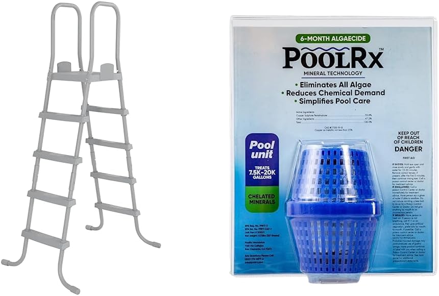 Bestway Flowclear Above Ground Swimming Pool Ladder 52” | Corrosion-Resistant Metal Frame with Heavy Duty Plastic Steps & Pool RX 101001 6 Month Algaecide Blue Treats 7.5k-20k gallons, Single, Unit
