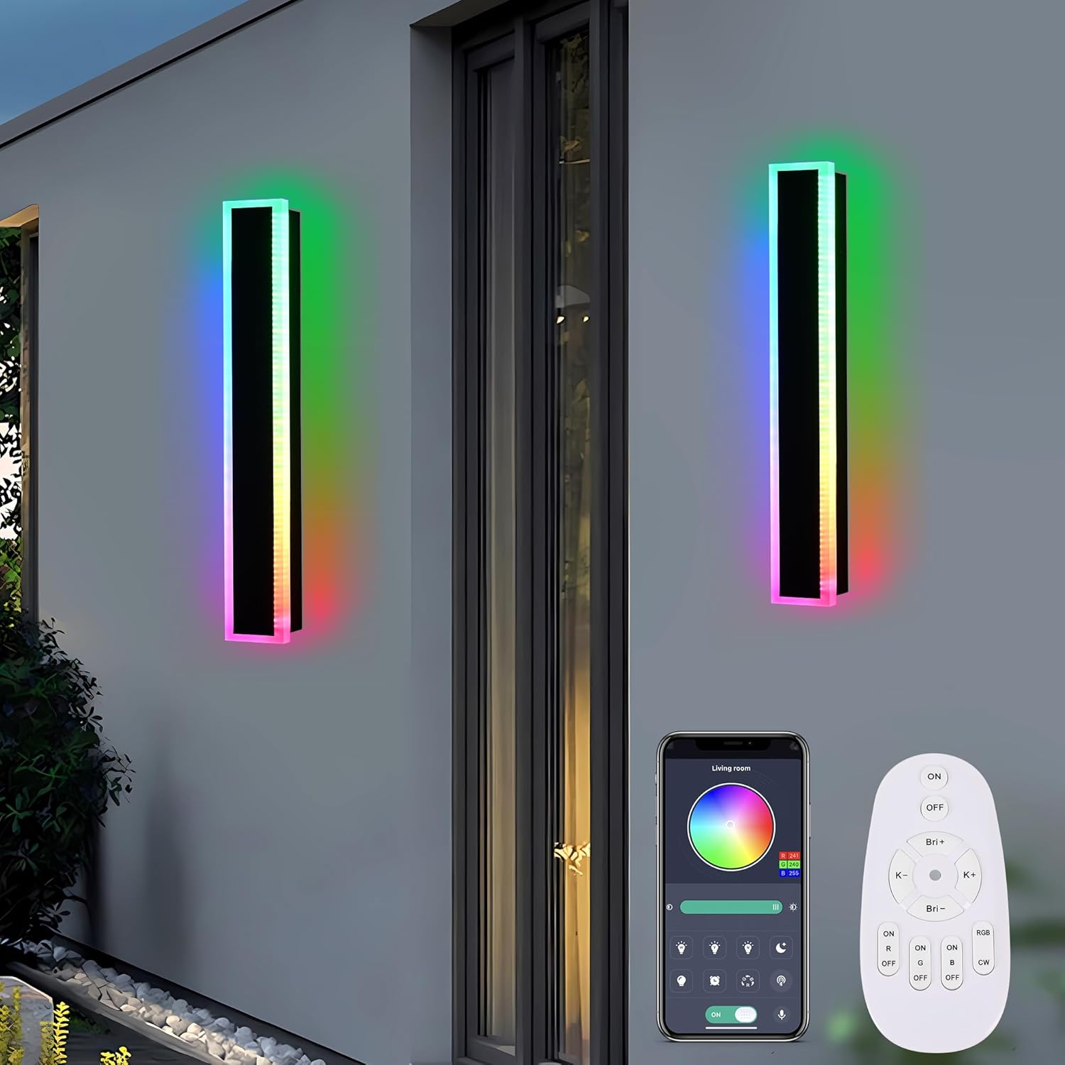 MELUCEE 2 Pack 32 Inch Long Outdoor RGB Wall Light, Waterproof IP65 LED Wall Mount Lighting Fixture Outside Wall Sconce for House Garage Porch Courtyard, Remote Control Included