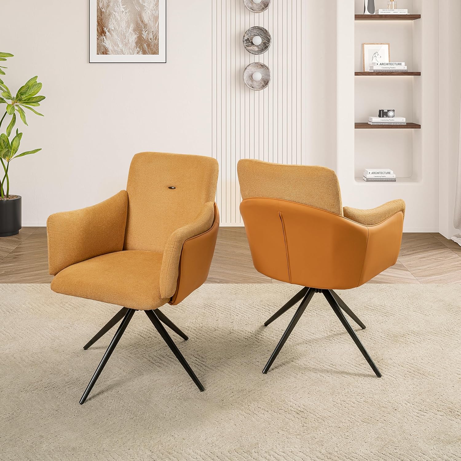360° Swivel Home Office Desk Chairs Set of 2,Modern Dining Chairs with Arm, Upholstered Bedroom Chairs with Metal Base,Makeup Chair for Vanity, for Living Room, Bedroom,Study Room,Dining Room(Orange)