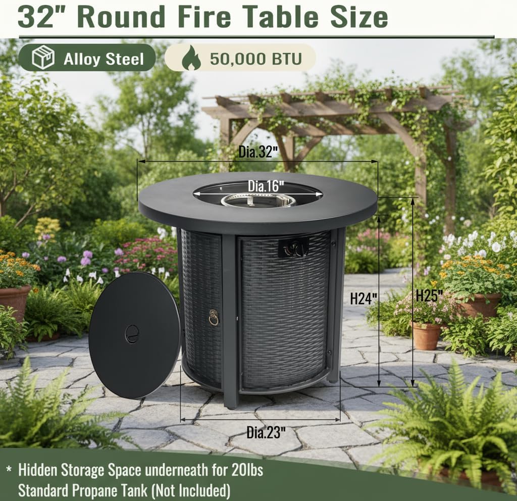 32-Inch Round Propane Fire Pit Table, 50,000 BTU Outdoor Steel Fire Table with Storage, Black Wicker Design, Volcanic Rocks, Electronic Ignition for Patio Garden Deck