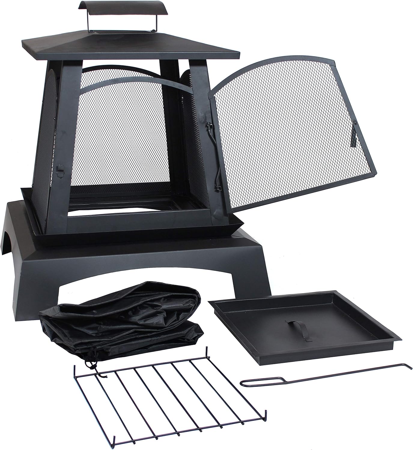 Sunnydaze 32-Inch Pagoda-Style Steel Wood-Burning Fire Pit with Log Grate and Poker - Black High-Temperature Paint Finish