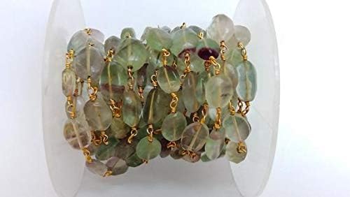 JEWELZ 3 feet natural fluorite smooth oval beaded chain - 24k gold plated wire wrapped chain - oval beaded chain - beads 6x8mm