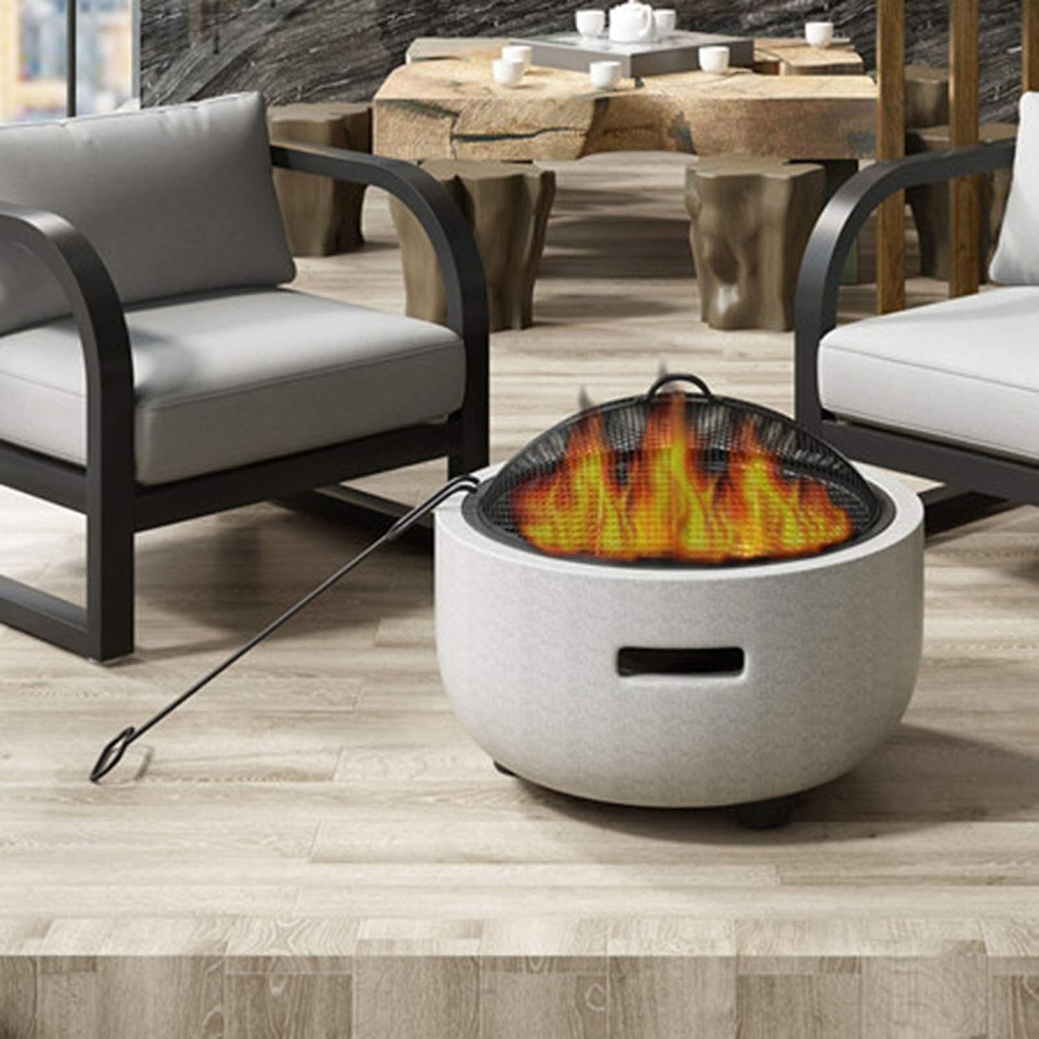 Fire Pit Outdoor Barbecue Grill,Fire Pit with BBQ Grill Shelf, Garden Patio Heater Charcoal Log Wood Burner Fire Bowl with an Edging of Artificial