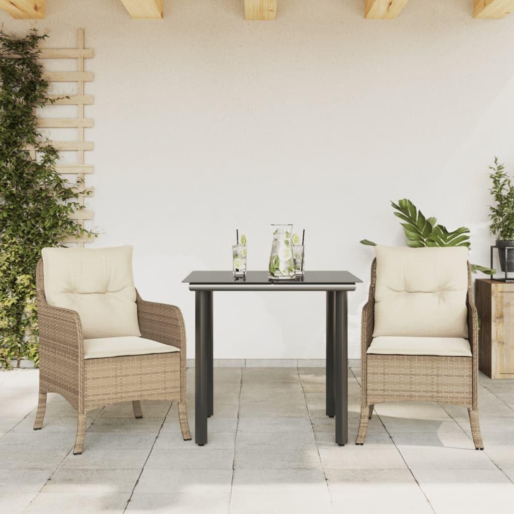 3 Piece Patio Dining Set with Cushions Beige Poly Rattan,Outdoor Dining Set with Comfortable Cushions and Glass Top for Garden, Backyard, or Patio Patio Furniture Sets, Outdoor Furniture Sets