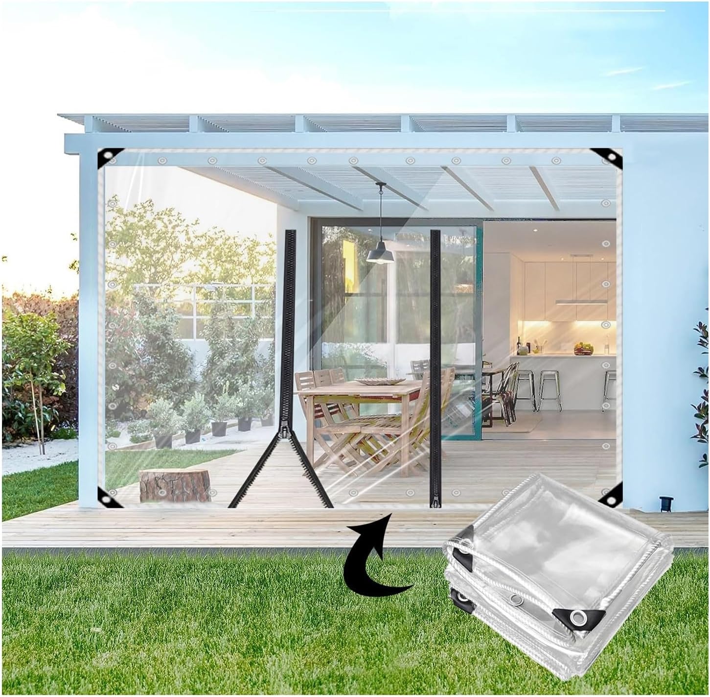 Canopies Tarps Clear PVC Waterproof Cloth Tear，Outdoor Curtains with Zipper，Clear Tarps with Grommets，Insulation Soft Glass Tarpaulin，for Gazebo Balcony Pergola(H2.5xW10m/H8.2xW32.8ft)