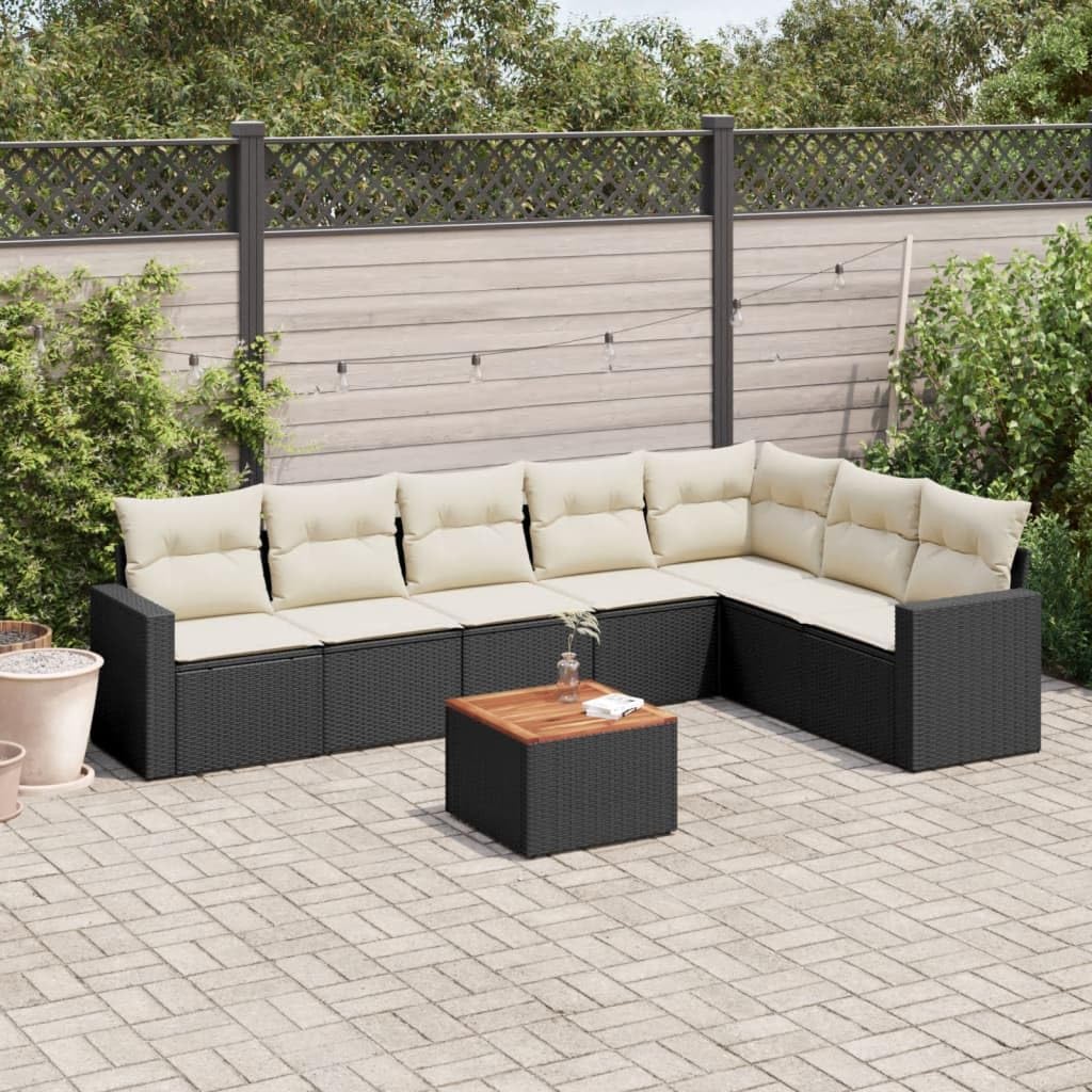 8-Piece Garden Sofa Set, Black PE Rattan Outdoor Patio Furniture, Powder-Coated Steel Frame, Acacia Wood Tabletop, Weather-Resistant Cushions, Seats 8 Adults, for Terrace, Balcony, Backyard