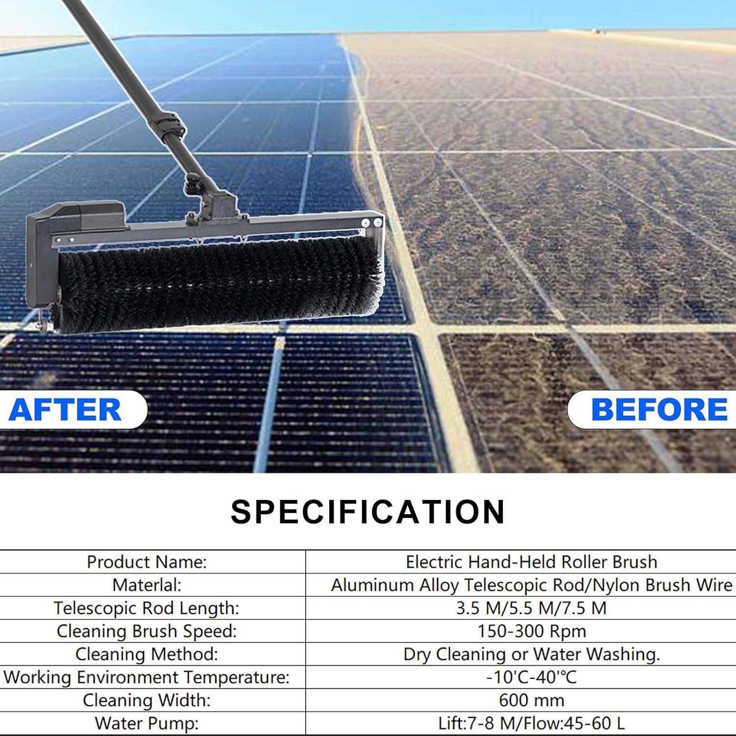 24.6 Ft Photovoltaic Panel Electric Cleaning Brush - 600 mm Cleaning Width,Lightweight Telescopic Aluminum Rod,Automatic Water Supply