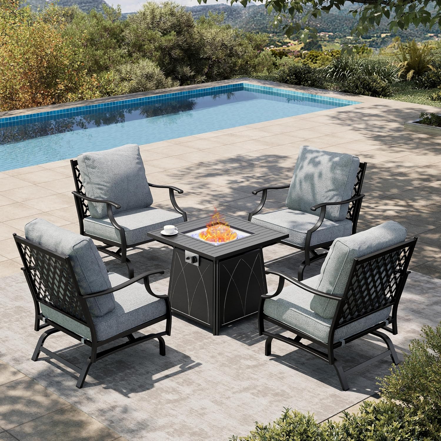 HERA'S HOUSE 5 Pieces Patio Furniture Set with Fire Pit Table, 4 x Thick Cushioned Rocking Chairs, 1 x 28 Fire Pit Table (50,000 BTU), Outdoor Conversation Set for Garden, Backyard, Lawn, Grey