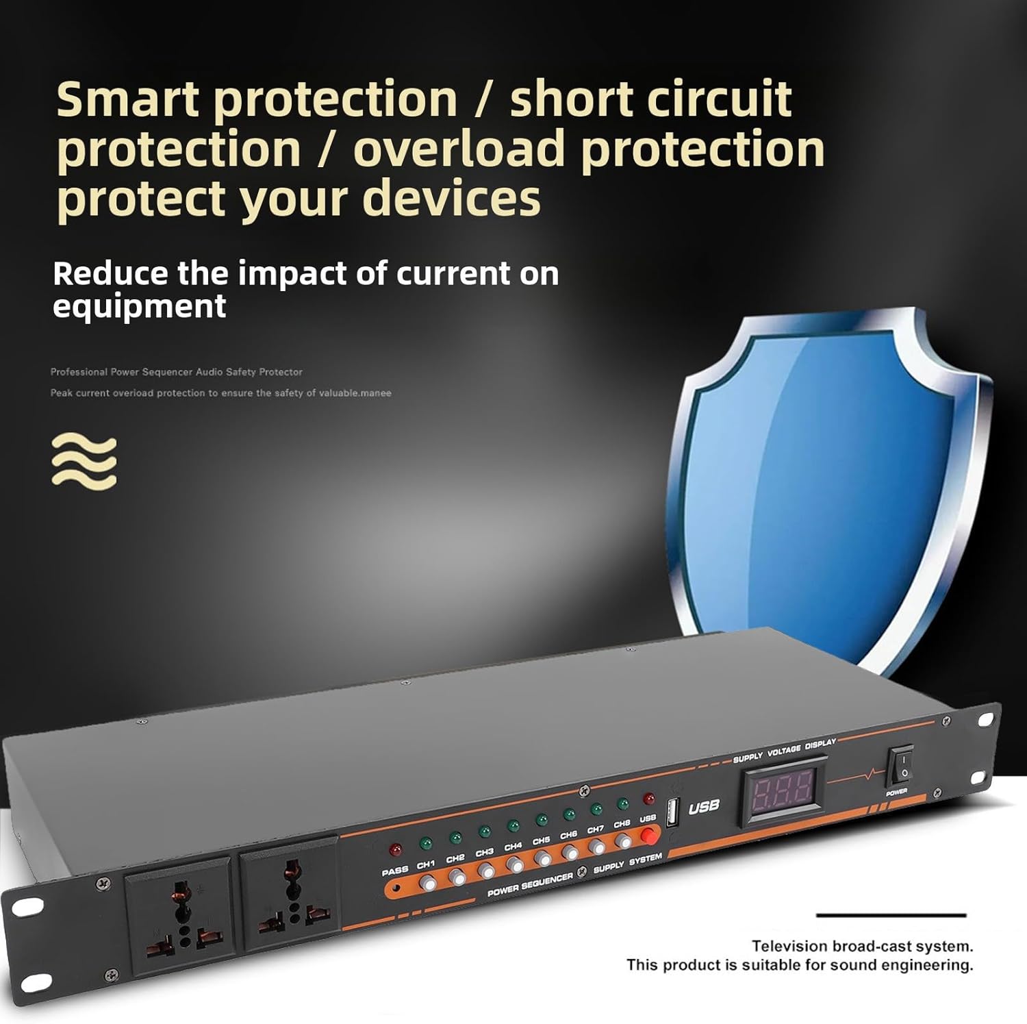 10 Outlet Power Sequencer Conditioner, Audio Digital Power Supply Controller Regulator with Voltage Readout & Surge Protector, for Home Theater Stage Studio Use (US Plug)