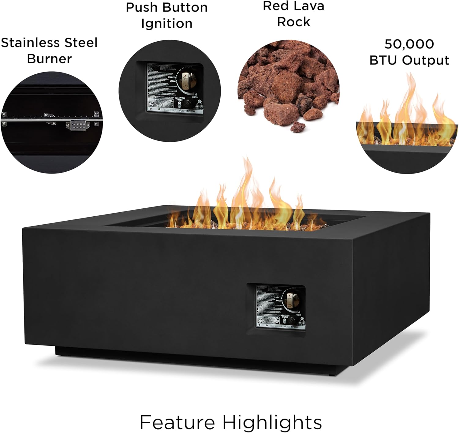 Real Flame Aegean 36”in Square Propane or Natural Gas Fire Pit Table, 50,000 BTU, Powder-Coated Steel, Push-Button Ignition, CSA Certified, Lava Rock, Storage Cover, Stainless Steel Burner with Lid