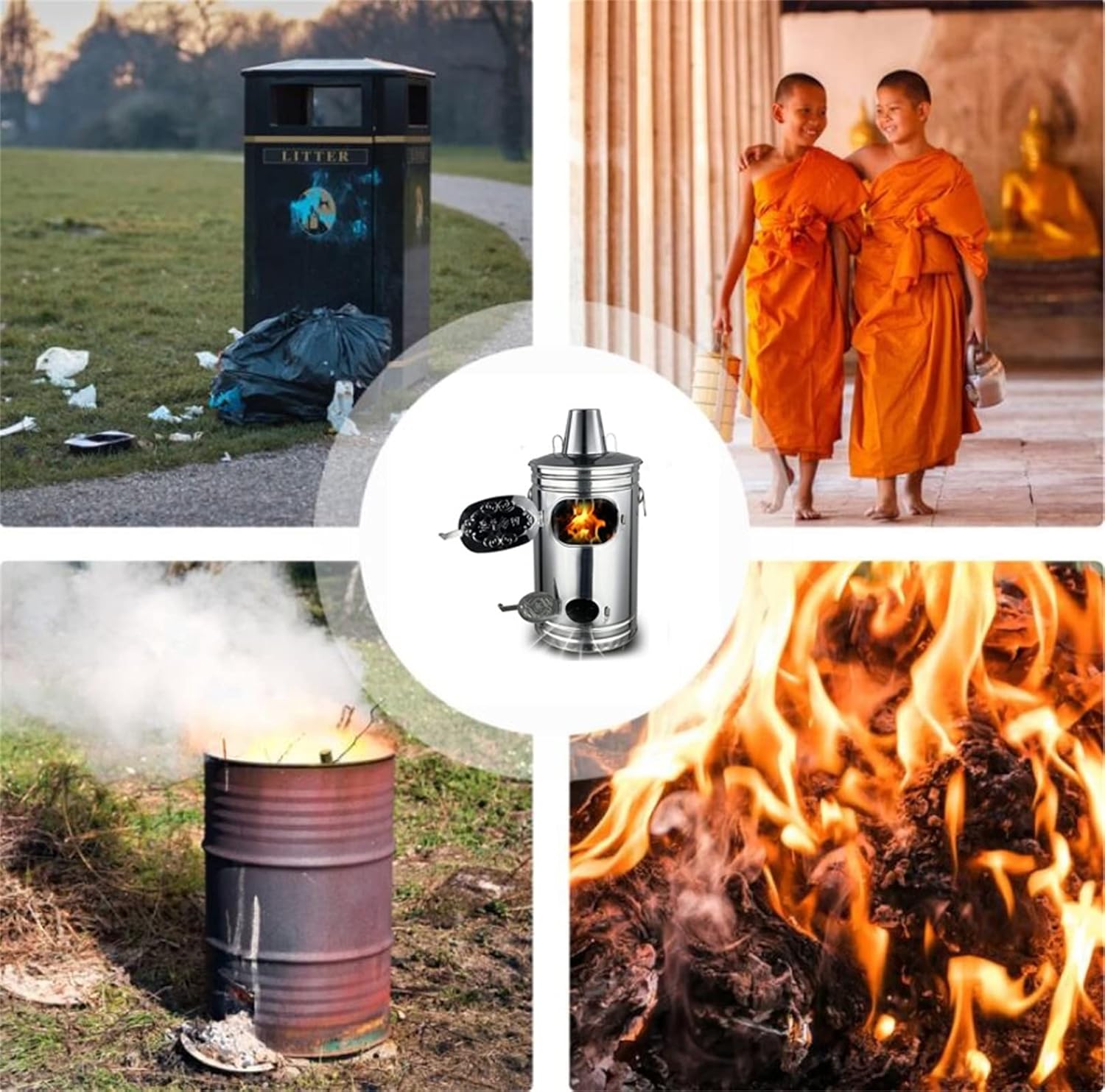 Smokeless Firepit with 3 Universal Wheel, Stainless Steel burn barrel, for Combustion Garbage, Waste Paper, Leaves, bon fire Garden Incinerator Outdoor Bin- Silver,80*57.5*65cm/31.5*22.6*25.6i