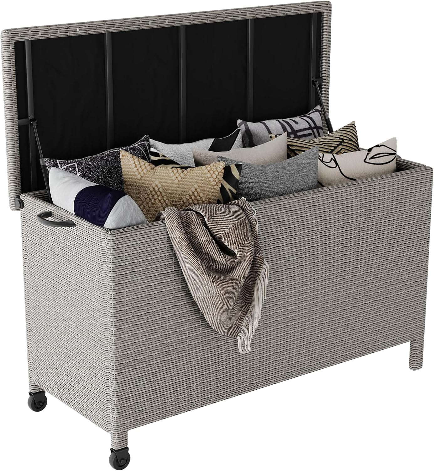 120 Gallon Rattan Deck Box, Outdoor Storage Box With Wheels and Handle, Waterproof Large Storage Bench Organizer for Patio Backyard Cushions, Pool Supplies and Garden Tools, Grey