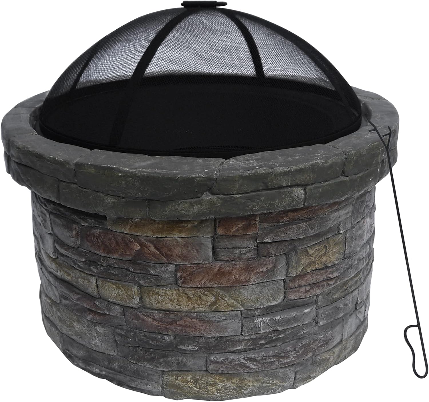 Teamson Home 26.5 in. Round Decorative Faux Slate Stone Outdoor Wood Burning Fire Pit with Spark Screen, Poker and Grill Grate for Self-Contained Fires for Entertaining at Home, Multicolored Stone