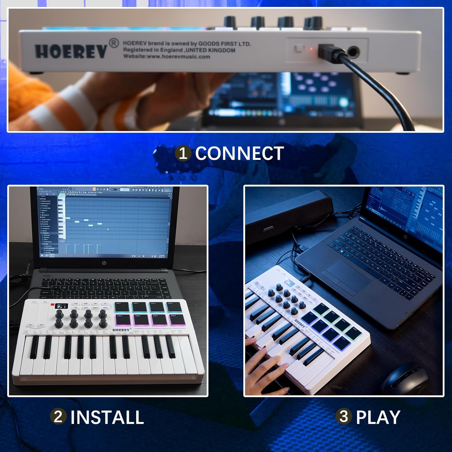 HOEREV MIDI Keyboard Controller With 8 Backlit Drum Pads, Wireless Semi Weighted Professional dynamic Keybed 8 Knobs 25 Keys USB With Lithium Battery,Black