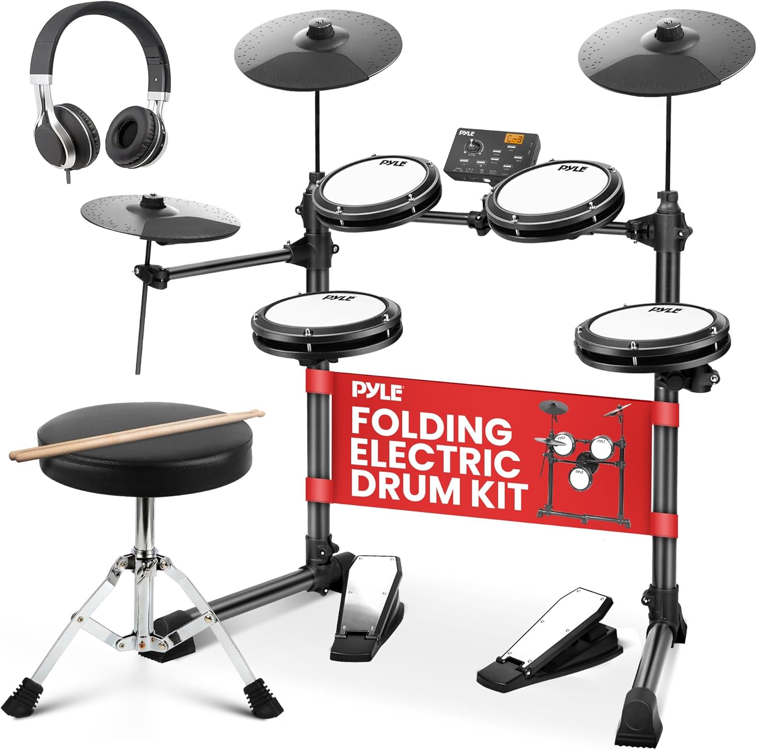 Pyle Electronic Drum Set with 4 Quiet Mesh Pads, 180 Sound Styles, 3 Cymbals, 2 Pedals, Throne, Headphones, Sticks, AUX, USB MIDI, Electric Drum Kit for Beginners Students Professionals