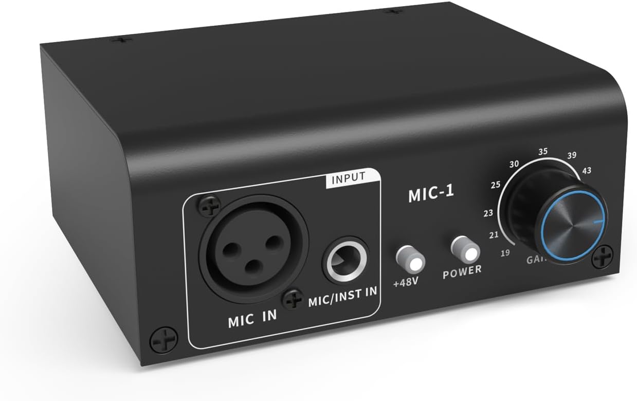 XTUGA XIC1 Microphone Preamp for Dynamic and Condenser Microphones Booster with 2 Input Max 75db Gain 48V Phantom Power XLR Output