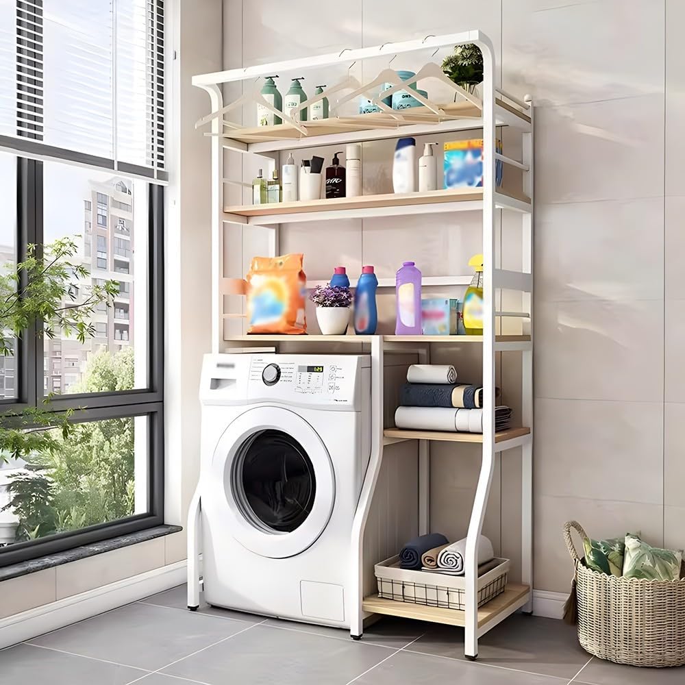 5 Tier Drum Washing Machine Storage Rack with Hanger Rail Multi Functional Over The Washer and Dryer Shelf Metal Frames for Laundry Room Storage