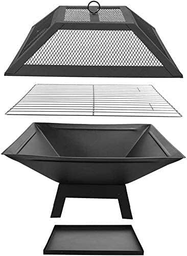 BBQ Grill Outdoor Barbecue Grill Square Outdoor Metal Firepit, with Spark Screen Log Poker and Cover Grill Table, for Backyard Patio Garden Stove Wood Burning Fire Pit