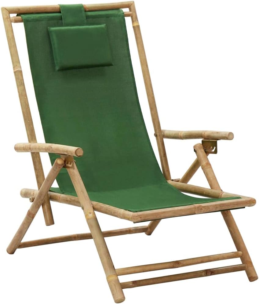 Patio Chair Reclining Relaxing Chair Green Bamboo and Fabric