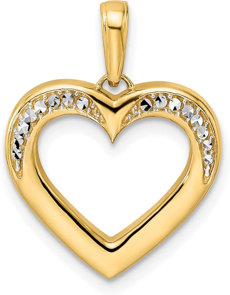 14k Yellow and Rhodium Open Heart Pendant for Women with Polished Finish, Diamond Cut Rhodium Accents, Elegant Gold Heart Charm Necklace for Daily Wear, Symbolic Romantic Jewelry Accessory