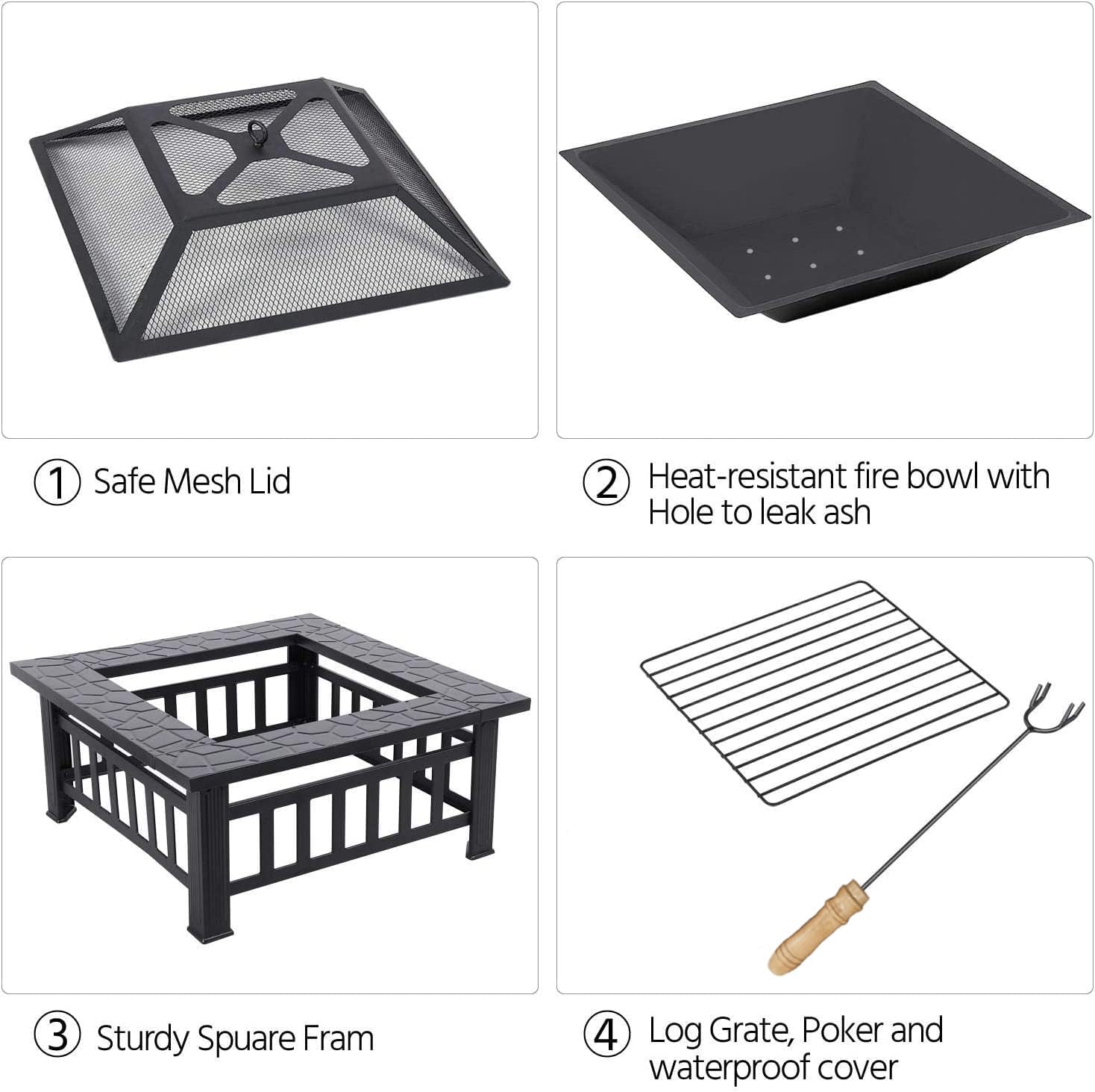 Outdoor Wood Burning Fire Pit, 32 Inch Square Metal Firepit for Outside, Multifunctional Bonfire Fire Pits Table with Mesh Lid and Poker for Backyard Heating, Garden, Patio, Camping, Black