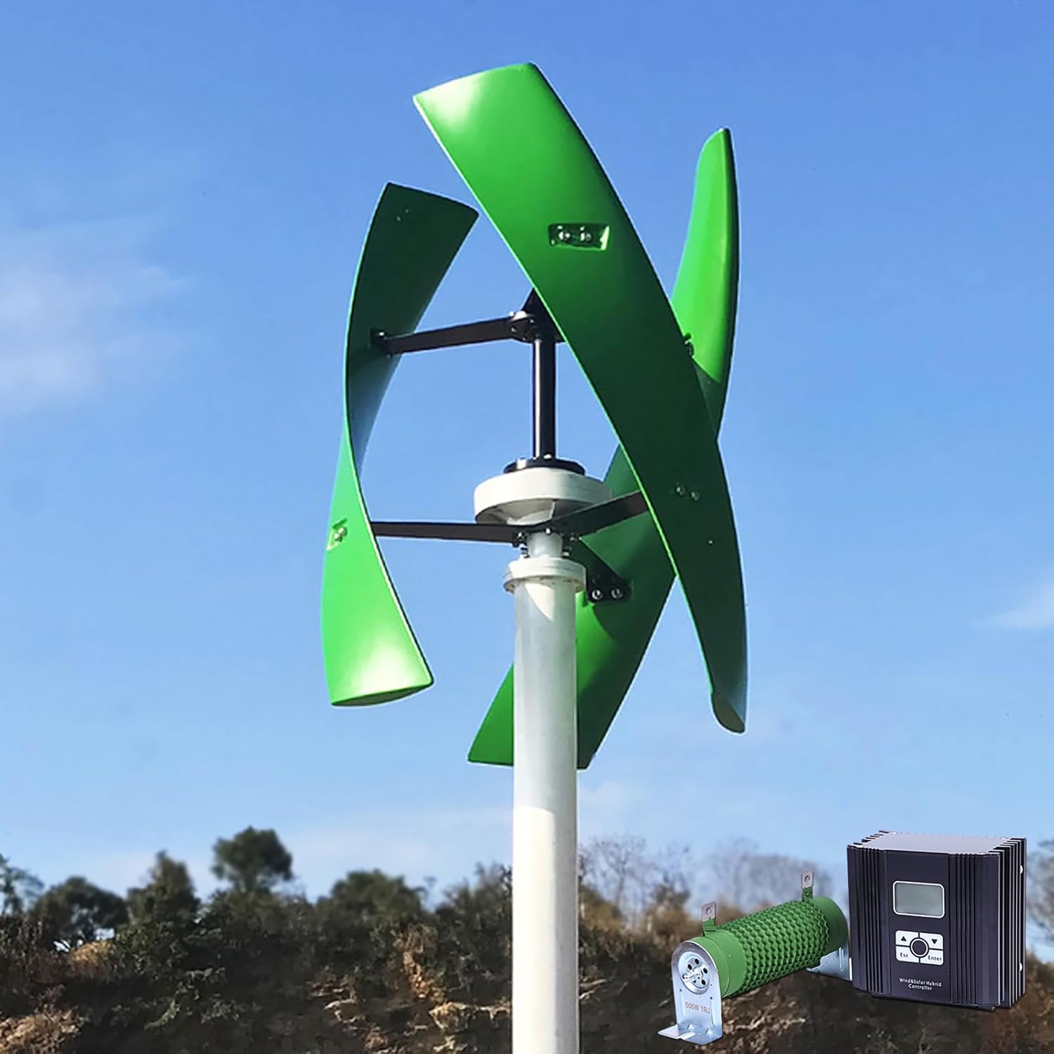 FLTXNY 800W 24V Vertical Axis Maglev Wind Turbine Generator Green Blades VAWT Wind Power Generator Kits with LCD MPPT Charge Controller Charge 24V Battery Off Grid System