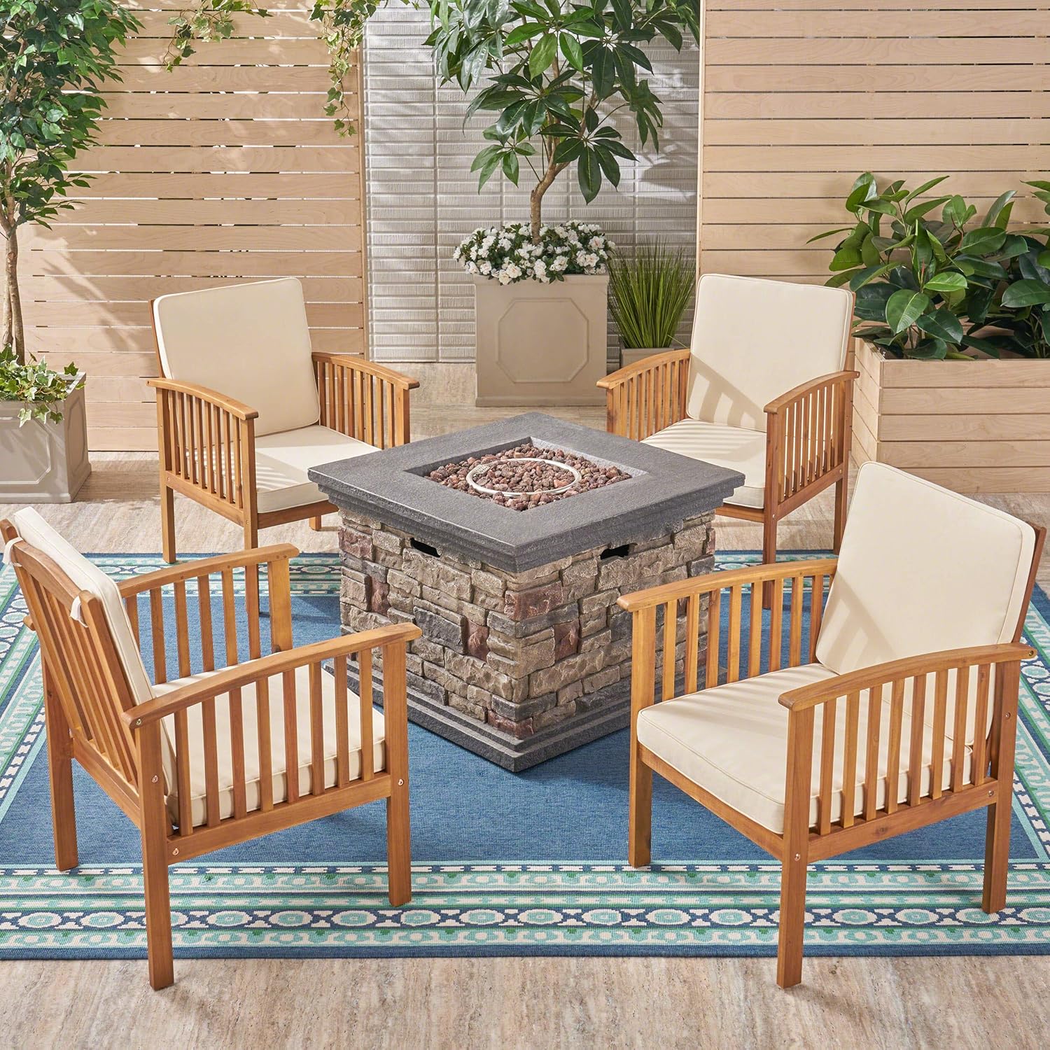 GDFStudio Outdoor 4-Seater Acacia Wood Club Chairs with Firepit, Brown Patina Finish and Cream and Stone