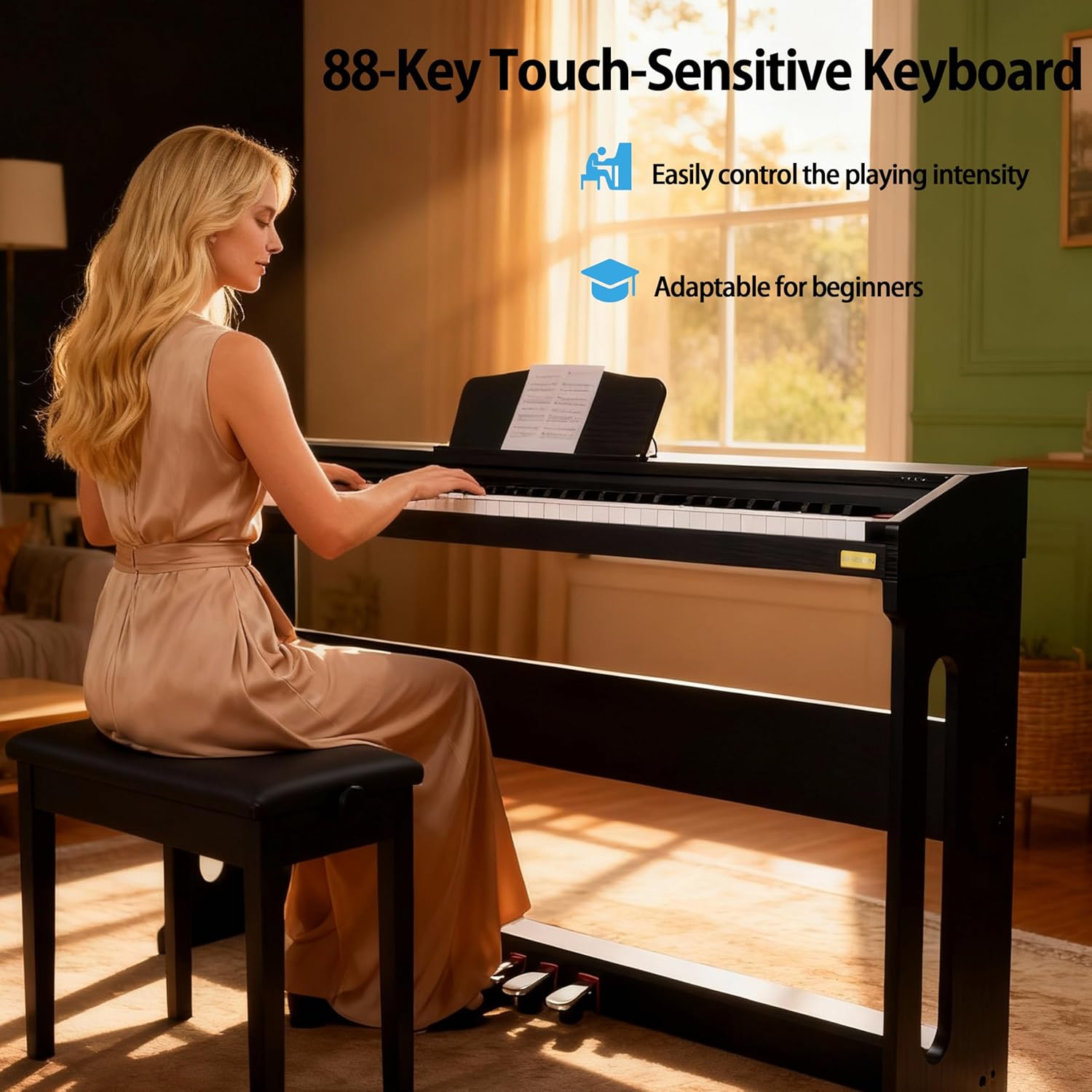 Digital Piano 88 Keys,Keyboard Piano,Touch-Sensitive,Electric Piano,Semi Weighted,Upright,Acoustic,Beginners,Adults,Full Size,Stand,Pedal,SR-EH60(Black)