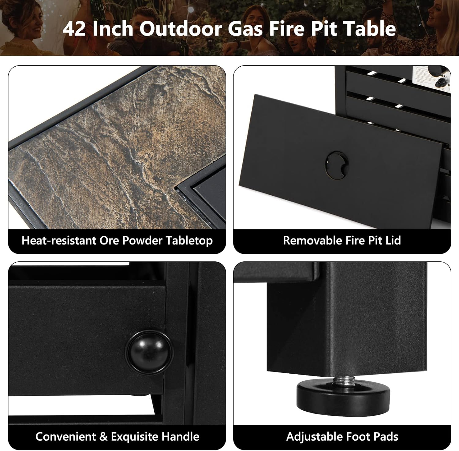 Tangkula 42 Inch Outdoor Gas Fire Pit Table, Patiojoy 50,000 BTU Rectangular Propane Fire Pit w/Ore Powder Tabletop, Lid, Lava Rocks & Waterproof PVC Cover for Patio, Garden, Backyard, Poolside