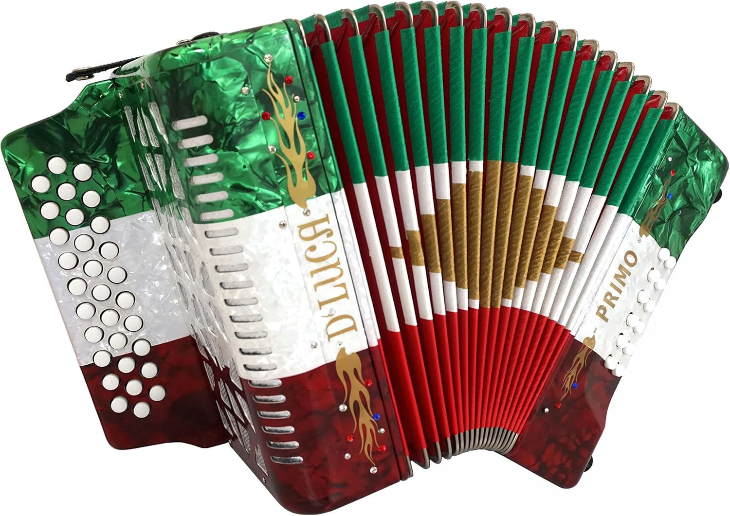 D'Luca Primo Button Accordion 31 Keys 12 Bass on FBE Key with Case and Straps, Red, White, Green