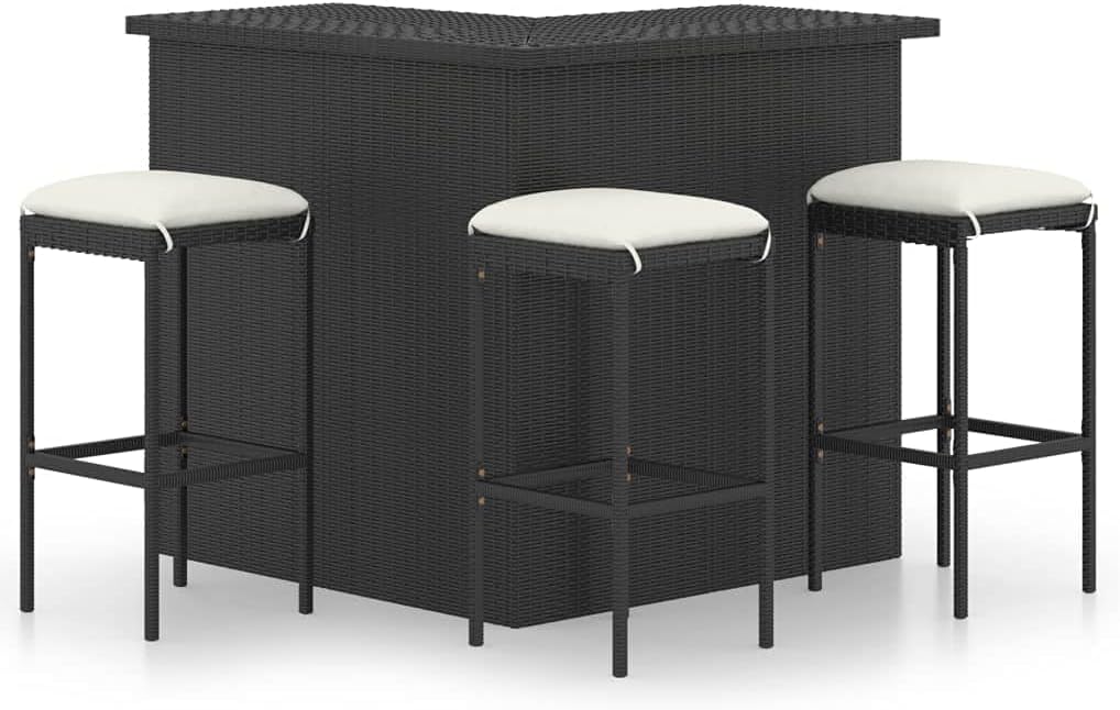 Garden Bar Set Black, Cream, Rectangular PE Rattan Outdoor Patio Furniture with 3 Cushioned Stools, Balcony Dining Table Set for 3 People