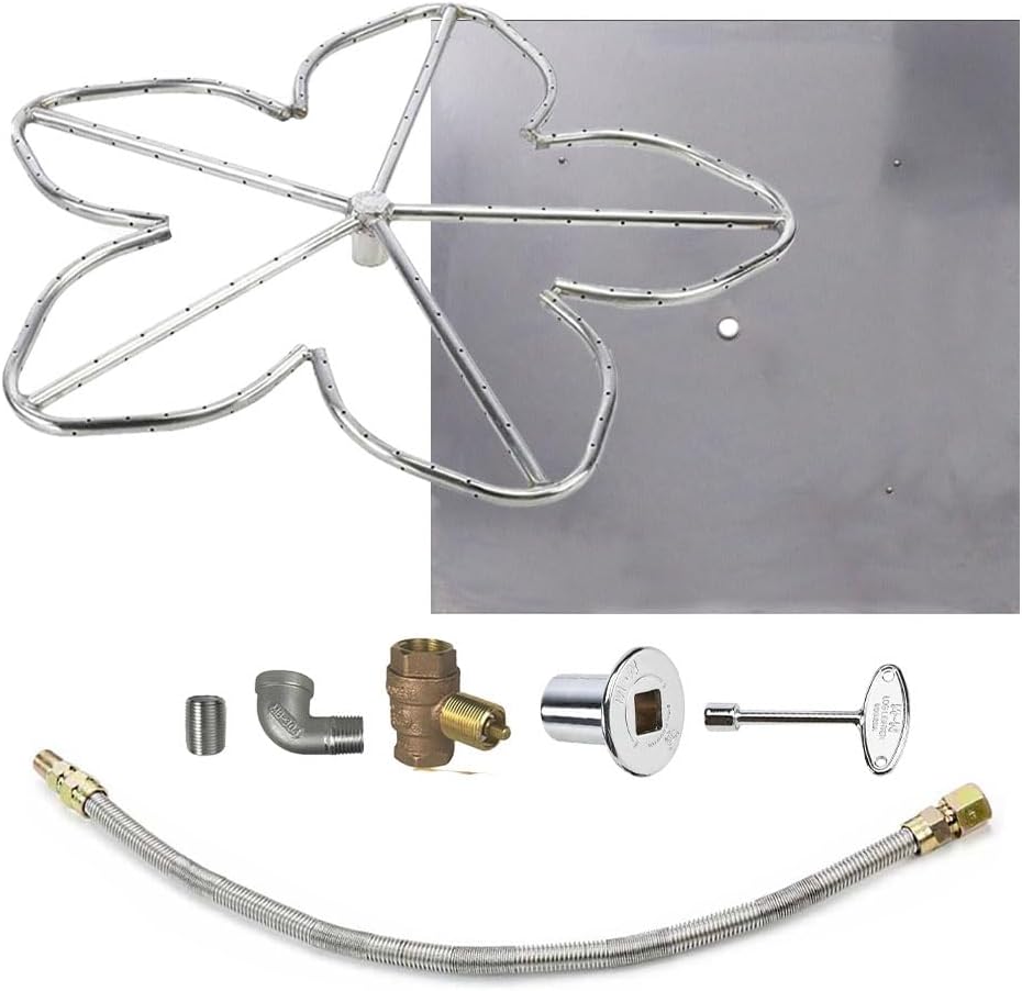 HPC Penta Match Lit Fire Pit Burner Kit with 48-Inch Stainless Steel Burner and 54-Inch Square Flat Pan, Natural Gas, Polished Chrome, with Flange, Key, Valve, Flex Line and Fittings
