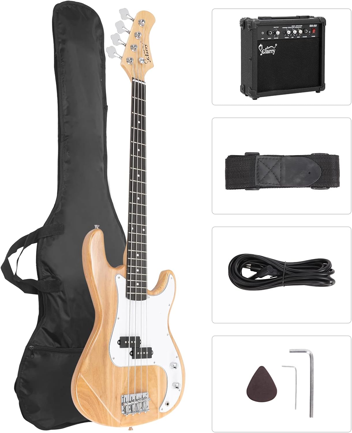 GLARRY Full Size Electric Bass Guitar Beginner Kit 4 String Exquisite Basswood Bass with 20W AMP, Cable, Strap, Bag and Accessories (Natural Wood, 39