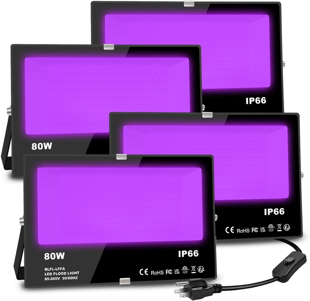 MELPO Black Light 80W Blacklight Flood Light Outdoor for Glow Party, Halloween Decoration, Body Paint, Fluorescent Poster, Stage Lighting，Neon Glow, IP66, US-Plug-Switch-5.9Ft Cord(4 Pack)