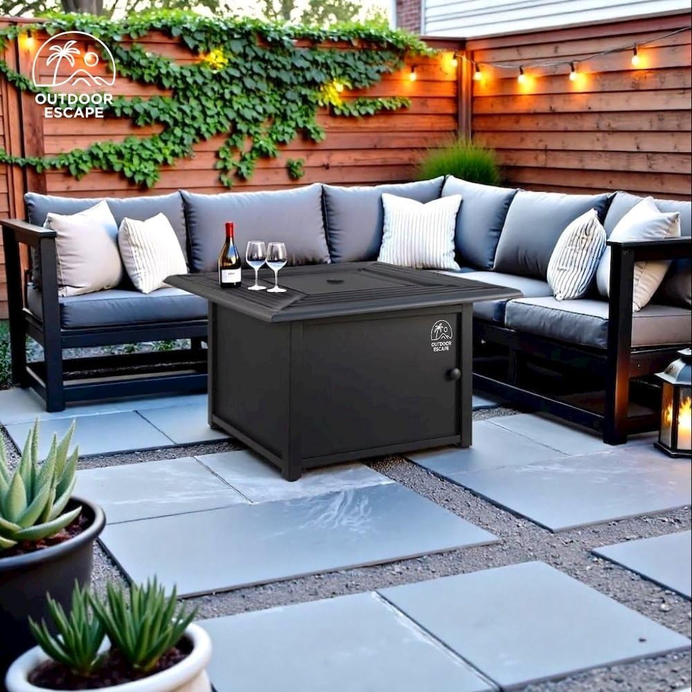 Black Fire Pit Table with Slatted Top and Covers – Propane Backyard Fireplace with Glass Beads and Tank Storage for Patio Furniture Use