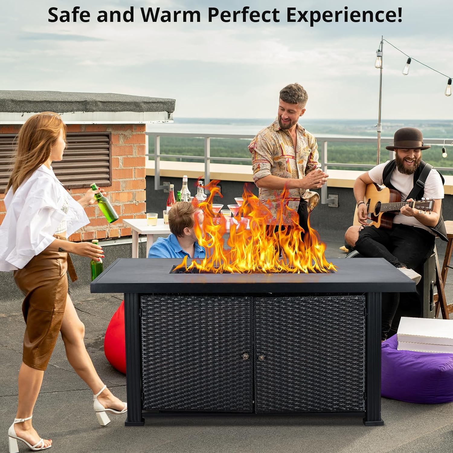 Acekool 52 Inch Propane Fire Pit Table, 50,000 BTU Outdoor Rectangular Propane Firepit Table with Steel Tabletop, Lid, Rain Cover, 2 in 1 Firepit Table for Patio Deck Garden Backyard, Black