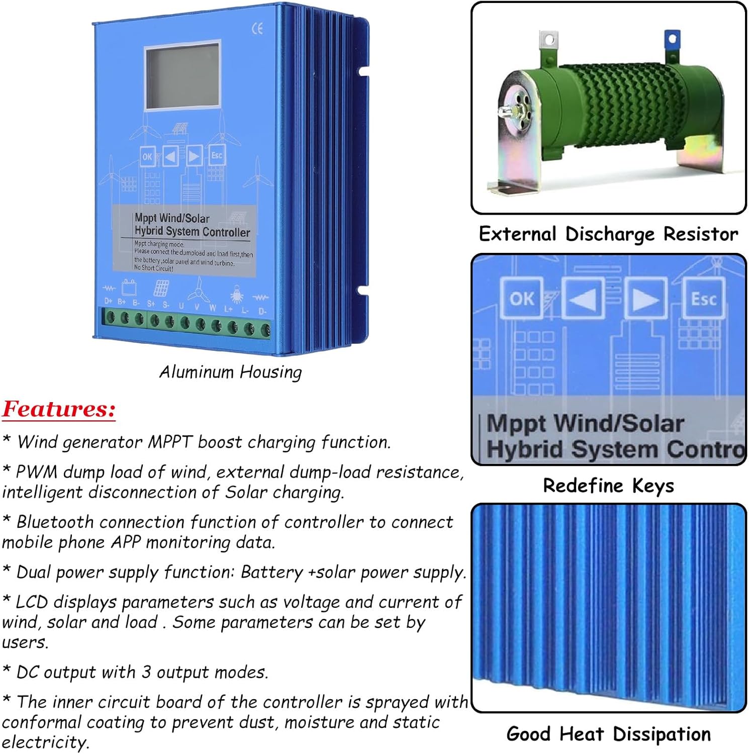 18000W MPPT Wind & Solar Panel Regulator Hybrid Charge Controller, 12V 24V 48V Automatic Wind-Solar Hybrid Charge Controller for Lead Acid Gel Power Supply,48V