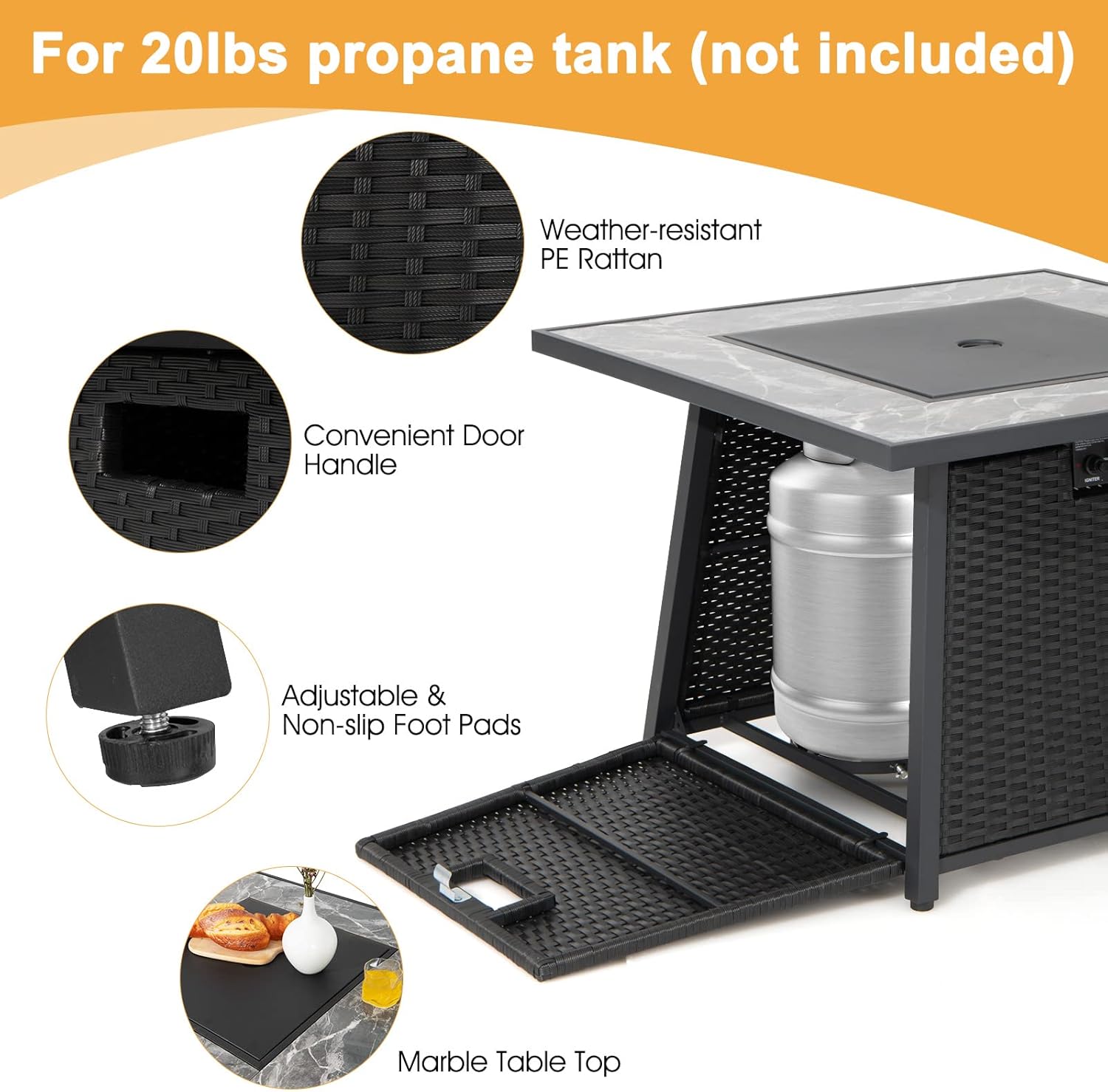 Tangkula 35 Inch Rattan Propane Gas Fire Pit Table, Patiojoy 50,000 BTU Outdoor Wicker Patio Propane Fire Pit w/Lid, Lava Rocks and PVC Cover, Auto-Ignition Square Firepit Table with Marble Tabletop