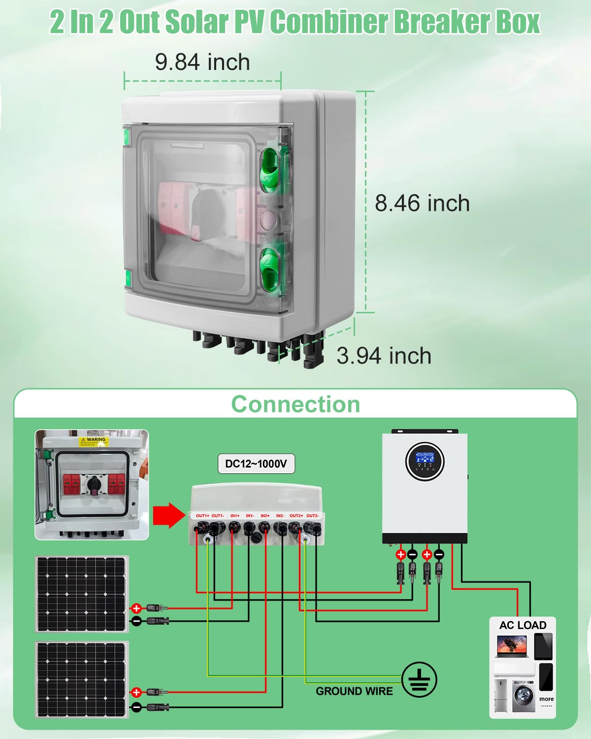 32 Amp 2 Strings Solar Disconnect Switch with DC1000V Lightning Surge Protector Arrester and IP65 Waterproof, 2 in 2 Out Solar PV Combiner Breaker Box for Outdoor Solar Panel System