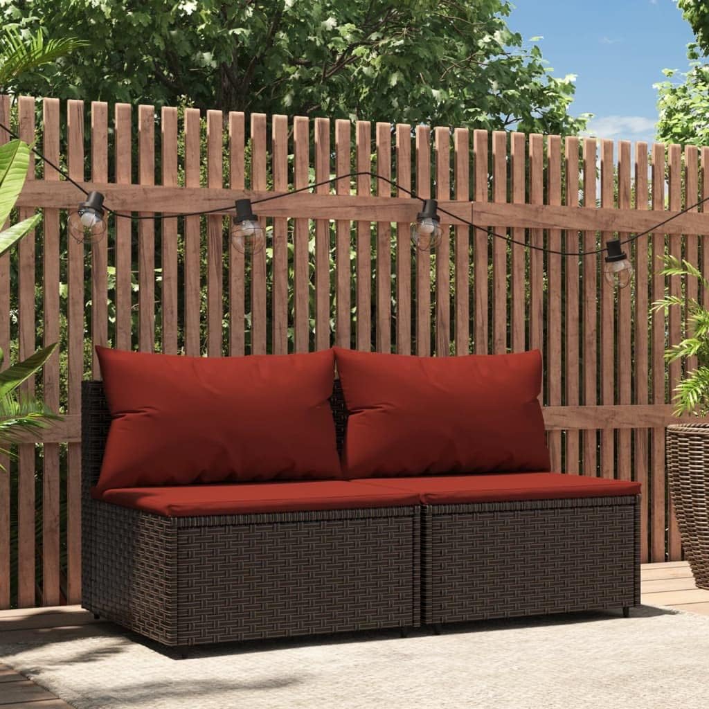 Patio Middle Sofas with Cushions 2 pcs Brown Poly Rattan,Outdoor Rattan Sofa with Modular Design for Comfortable Garden Relaxation Patio Furniture & Accessories, Outdoor Seating